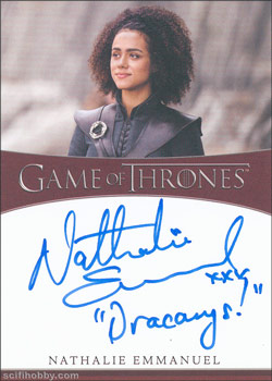 Nathalie Emmanuel as Missandei Inscription Autographs -- Only one inscription autograph card per actor/signer included in the Archive Box. Variations selected at random.
