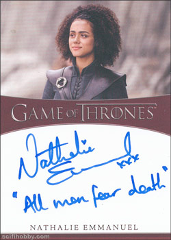 Nathalie Emmanuel as Missandei Inscription Autographs -- Only one inscription autograph card per actor/signer included in the Archive Box. Variations selected at random.