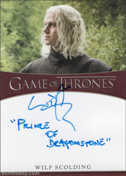 Wilf Scolding as Rhaegar Targaryen Inscription Autographs -- Only one inscription autograph card per actor/signer included in the Archive Box. Variations selected at random.