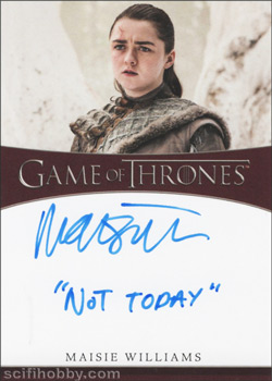 Maisie Williams as Arya Inscription Autographs -- Only one inscription autograph card per actor/signer included in the Archive Box. Variations selected at random.