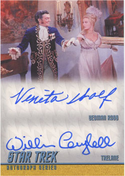 Venita Wolf as Yeoman Ross and William Campbell as Trelane in The Squire of Gothos Double Autograph