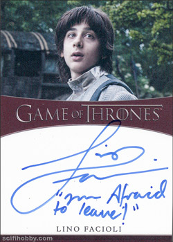 Lino Facioli as Robin Arryn Inscription Autographs -- Only one inscription autograph card per actor/signer included in the Archive Box. Variations selected at random.