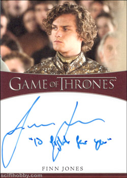 Finn Jones as Loras Tyrell Inscription Autographs -- Only one inscription autograph card per actor/signer included in the Archive Box. Variations selected at random.