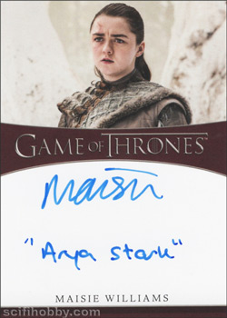 Maisie Williams as Arya Inscription Autographs -- Only one inscription autograph card per actor/signer included in the Archive Box. Variations selected at random.