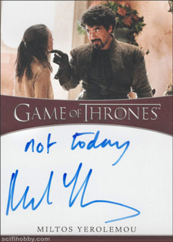 Miltos Yerolemou as Syrio Forel Inscription Autographs -- Only one inscription autograph card per actor/signer included in the Archive Box. Variations selected at random.