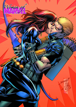 Black Widow and Hawkeye Embrace