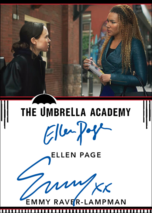 dual autograph card signed by ellen page and emmy raver-lampman