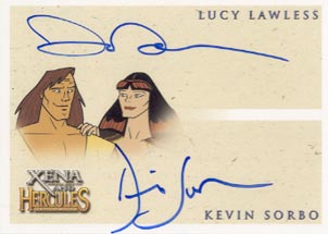 Dual autograph card signed by Kevin Sorbo and Lucy Lawless 2nd Tier Multi-Case Incentive Card